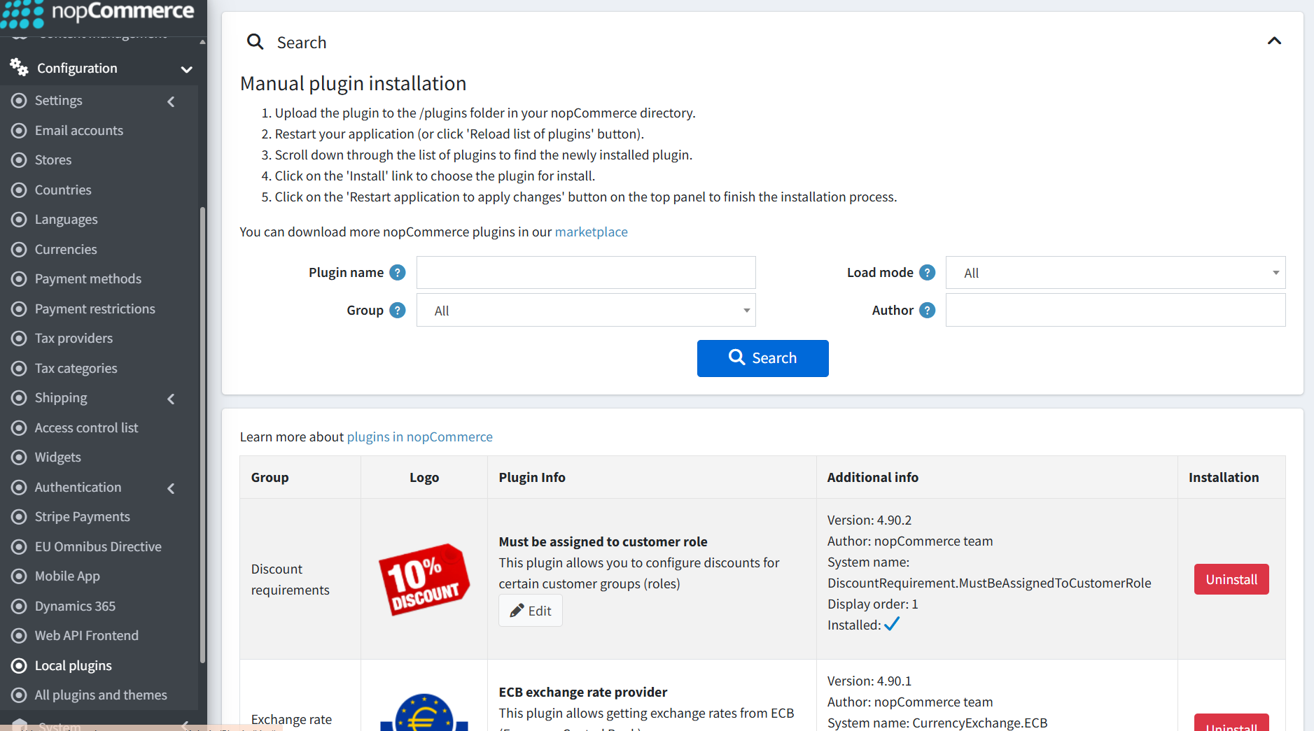 Local plugins page