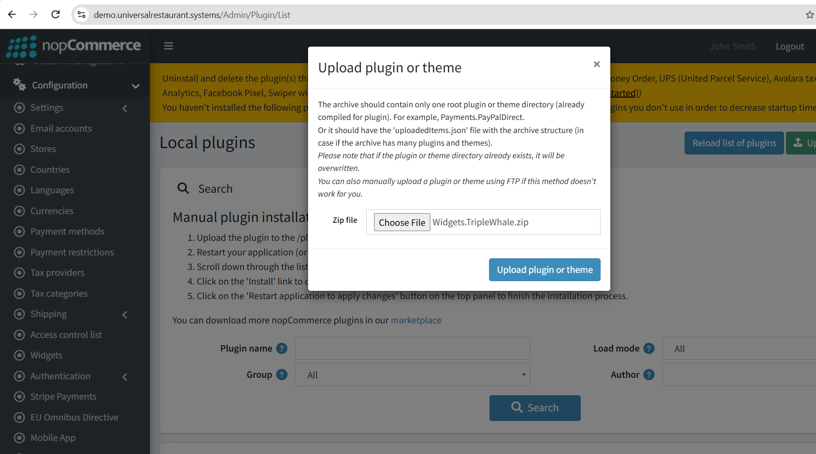 Upload plugin dialog