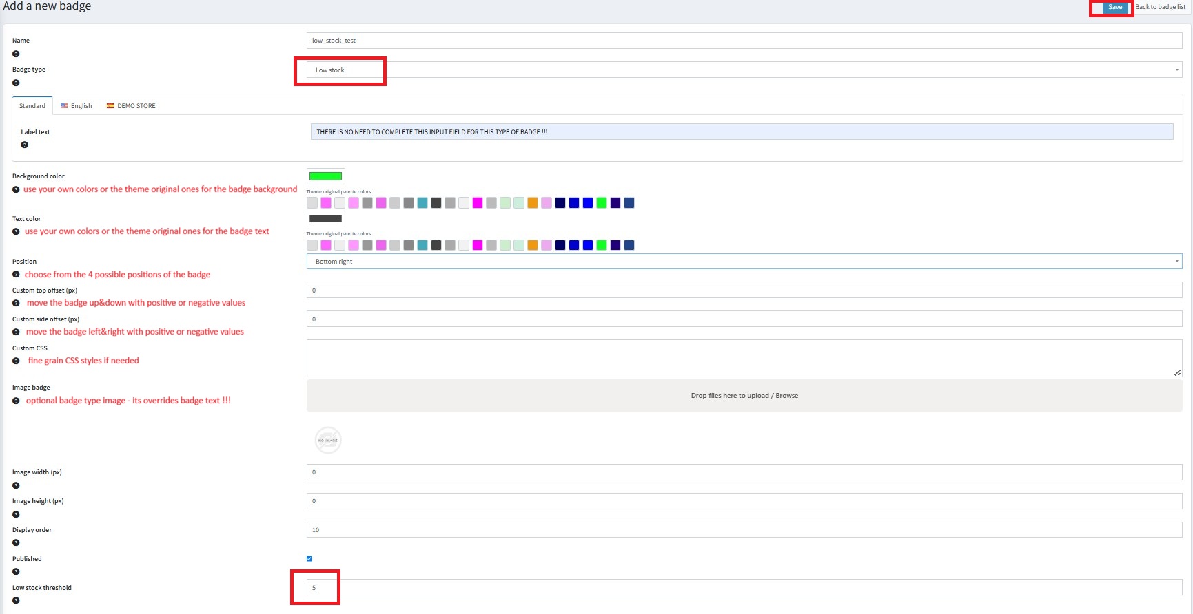 Configure the low stock badge