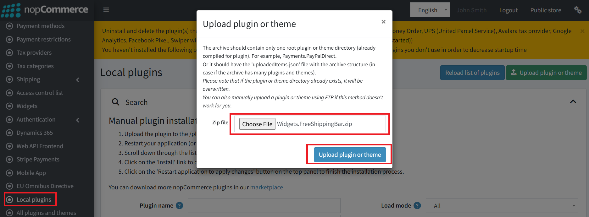 Upload the Free Shipping Bar plugin