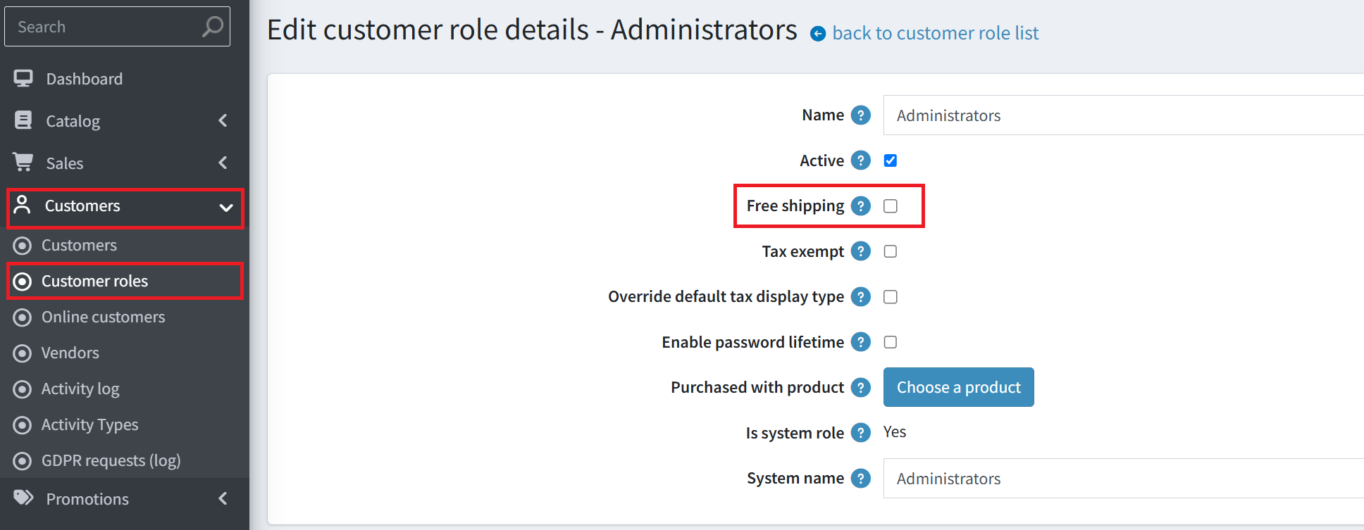 Customer role free shipping setting