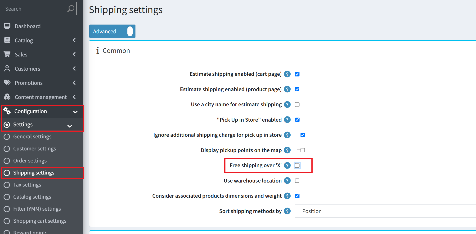 Free shipping over X setting