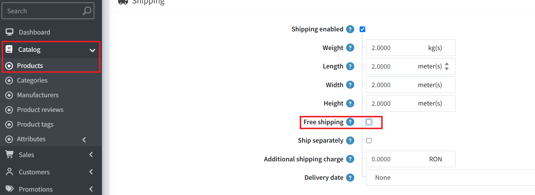 Product free shipping checkbox